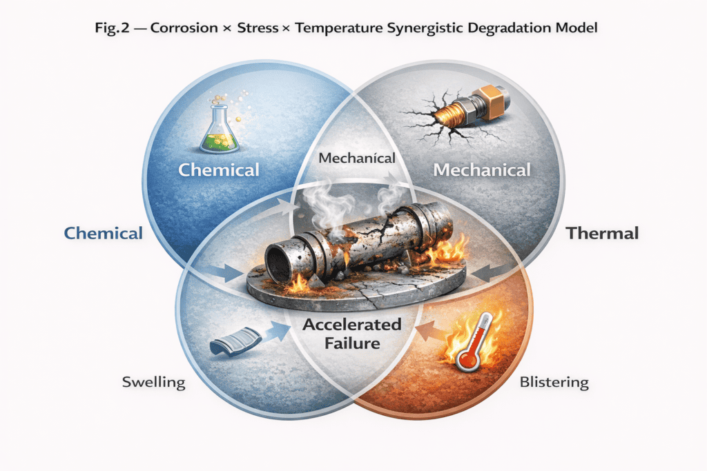 Synergistic degradation model illustrating how chemical corrosion, mechanical stress, and thermal effects overlap to accelerate diaphragm failure through swelling, fatigue, and blistering