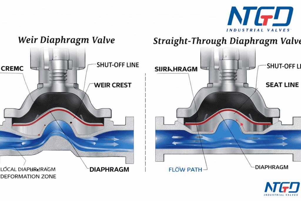 Diaphragm valve working principle diagram showing open and closed positions, shut-off line, diaphragm movement, stem, and flow passage