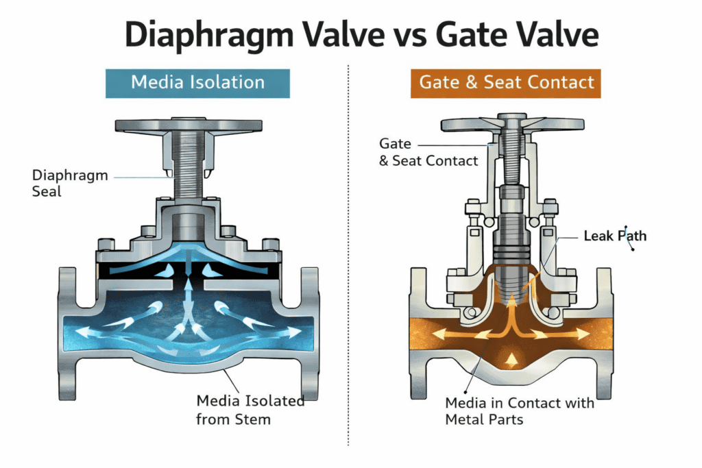Diaphragm valve vs gate valve cutaway showing diaphragm sealing and media isolation compared to gate and seat contact with leak paths