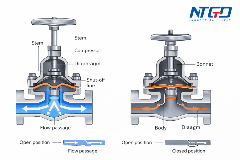 Diaphragm valve working principle diagram showing open and closed positions, shut-off line, diaphragm movement, stem, and flow passage