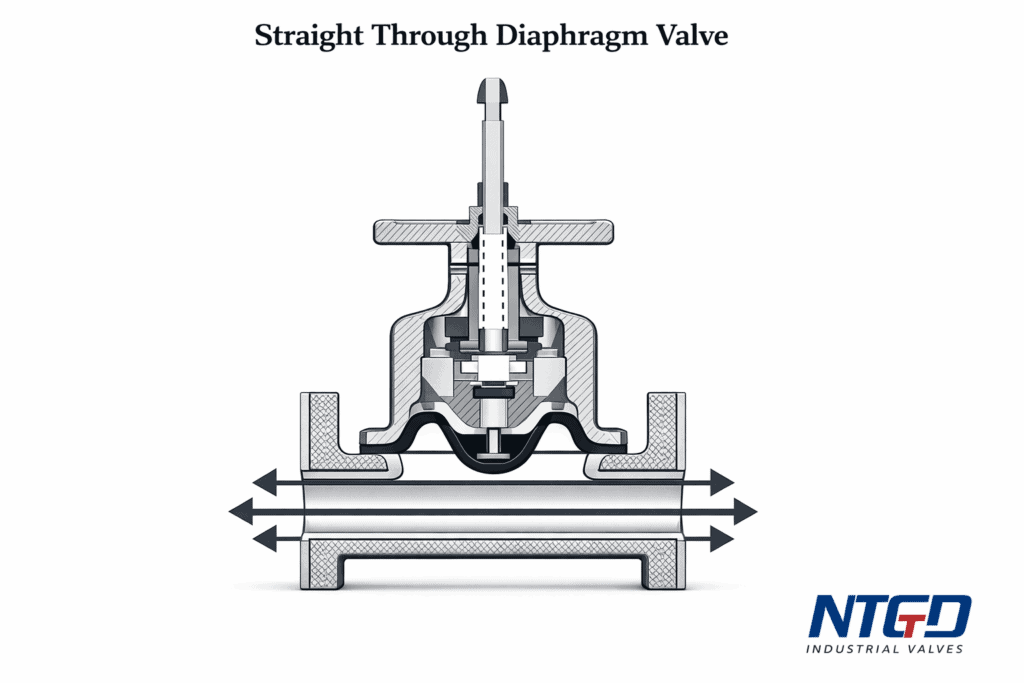 Straight-through diaphragm valve cross-section flow diagram showing open flow passage and straight-through body geometry