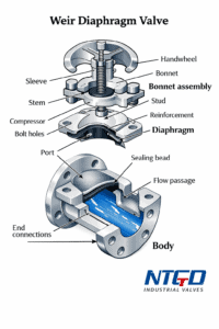 Exploded diagram of a weir diaphragm valve showing body, diaphragm, bonnet, stem, compressor plate, flow passage, and sealing bead