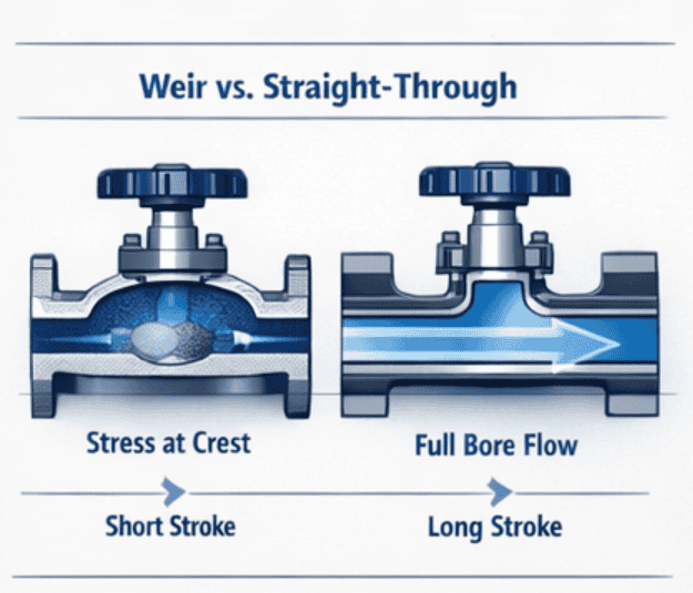 Comparison of weir type and straight through diaphragm valve body designs showing stress distribution, stroke length, and flow characteristics