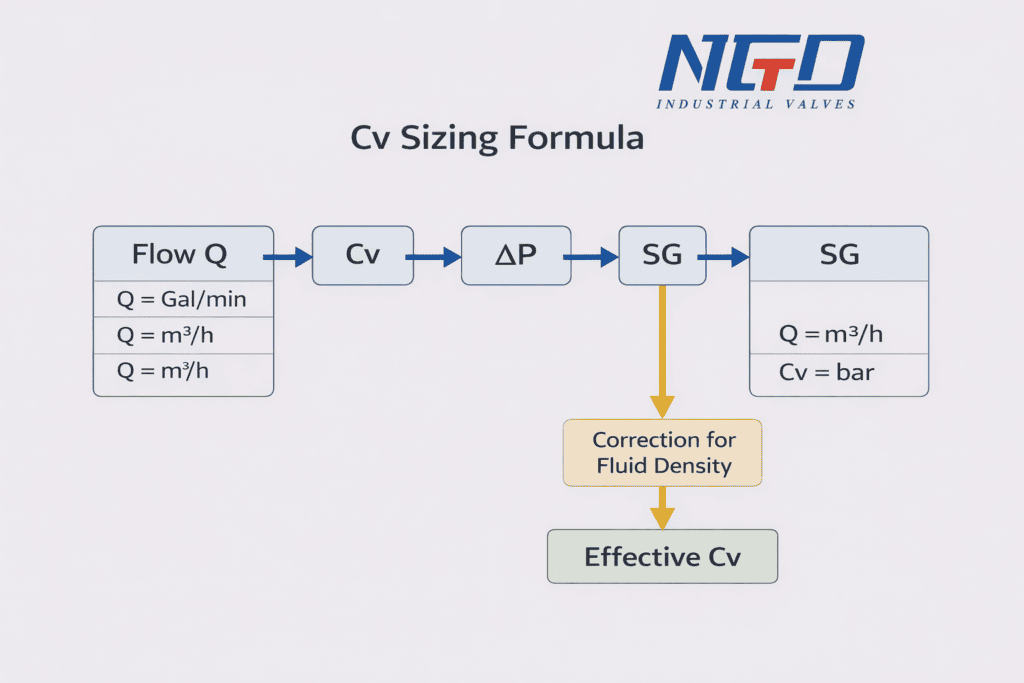 Cv sizing relationship for diaphragm valves showing flow rate, pressure drop, and specific gravity correction to determine effective Cv in industrial systems