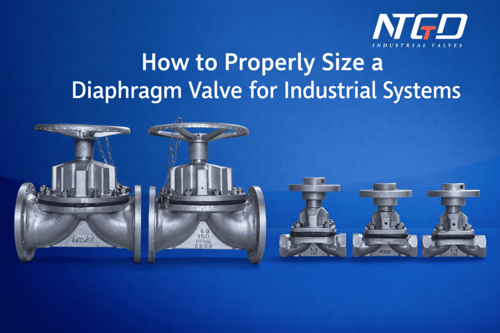 Different sizes of industrial diaphragm valves illustrating size selection considerations for flow rate, pressure drop, and service conditions