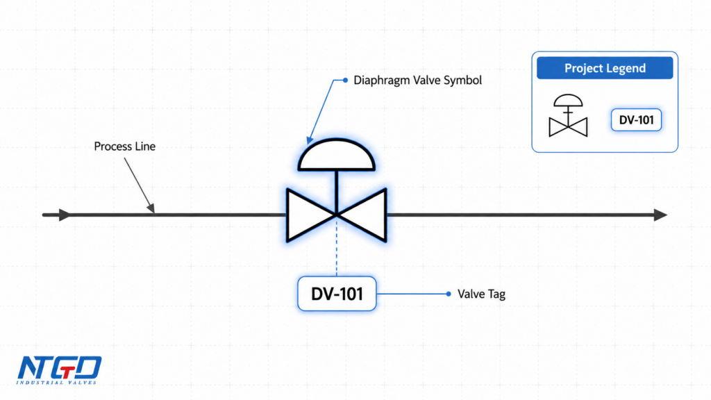 Diaphragm valve symbol in a P&ID drawing with process line, valve tag DV-101, and project legend reference.