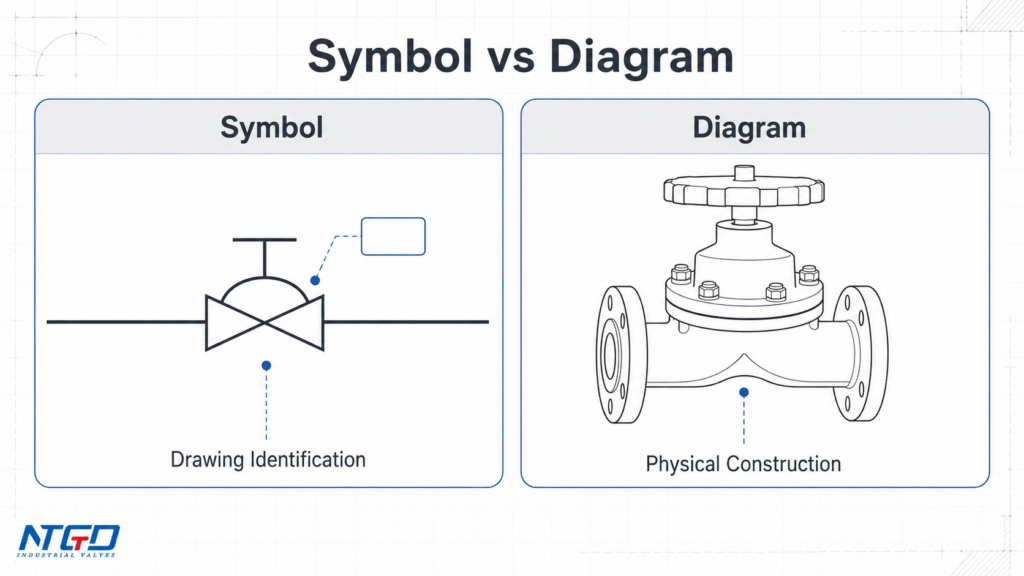 Comparison between a diaphragm valve P&ID symbol and a simplified physical diaphragm valve diagram.