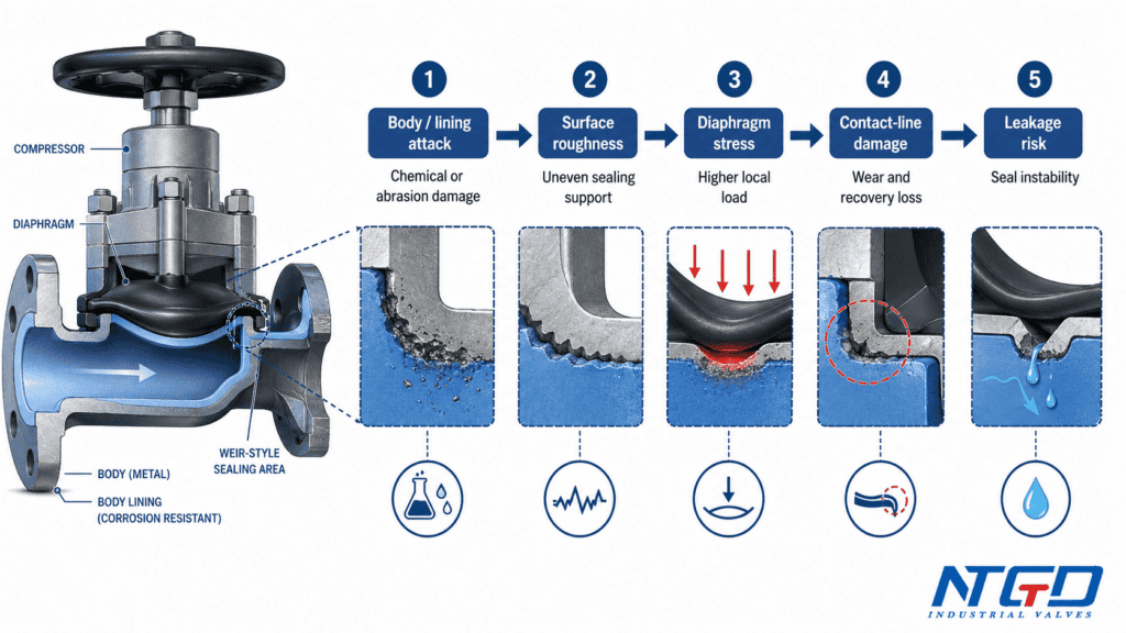 Diaphragm valve body and diaphragm coupled failure chain from lining damage to leakage