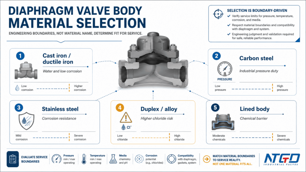 Diaphragm valve body material selection boundary summary for cast iron, carbon steel, stainless steel, duplex alloys and lined bodies
