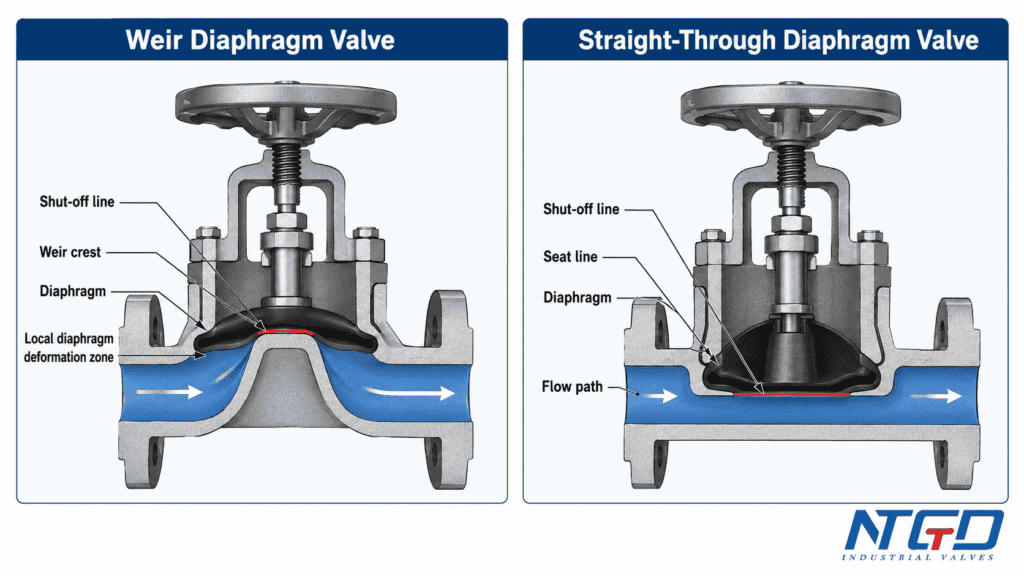 Diaphragm valve shut-off line comparison for weir and straight-through body designs