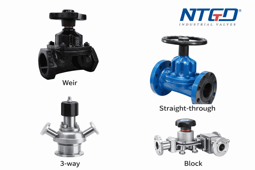 Four diaphragm valve types comparison showing weir, straight-through, 3-way and block designs