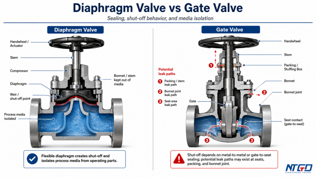 Diaphragm valve vs gate valve cutaway showing diaphragm sealing and media isolation compared to gate and seat contact with leak paths