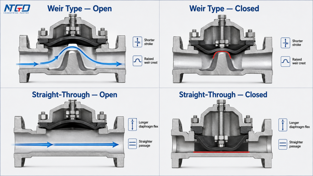 Weir vs straight-through diaphragm valve open and closed comparison diagram