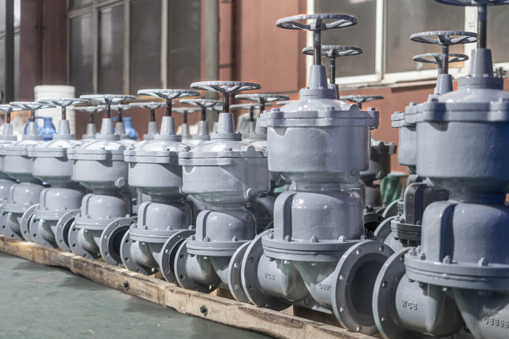 Manual flanged diaphragm valves lined up for project supply review