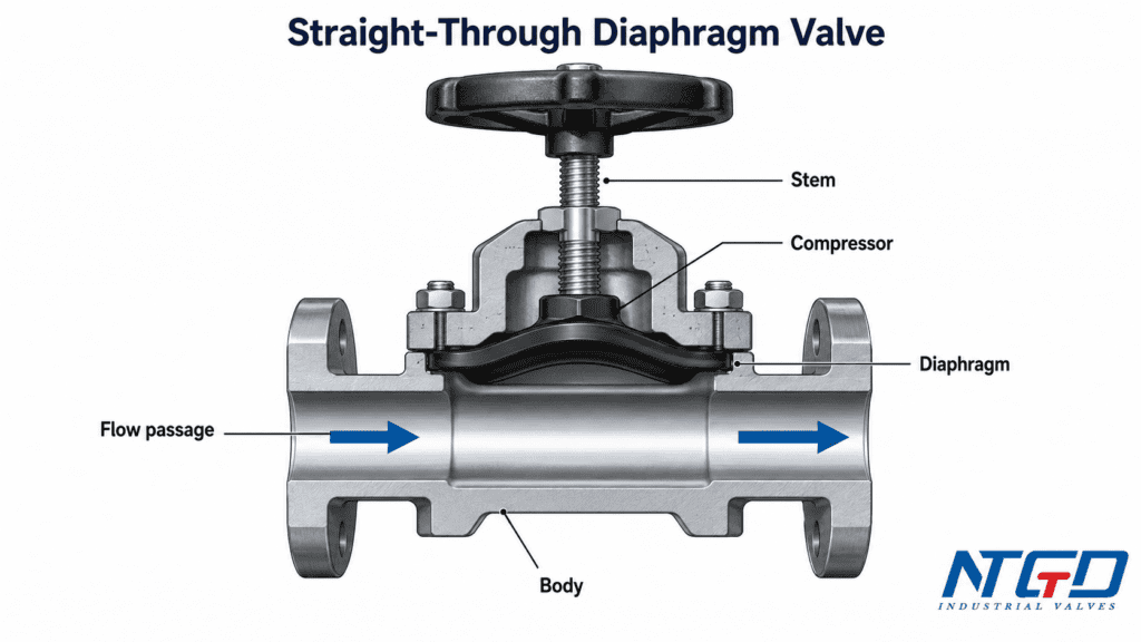 Straight-through diaphragm valve cross-section showing open flow passage and body geometry