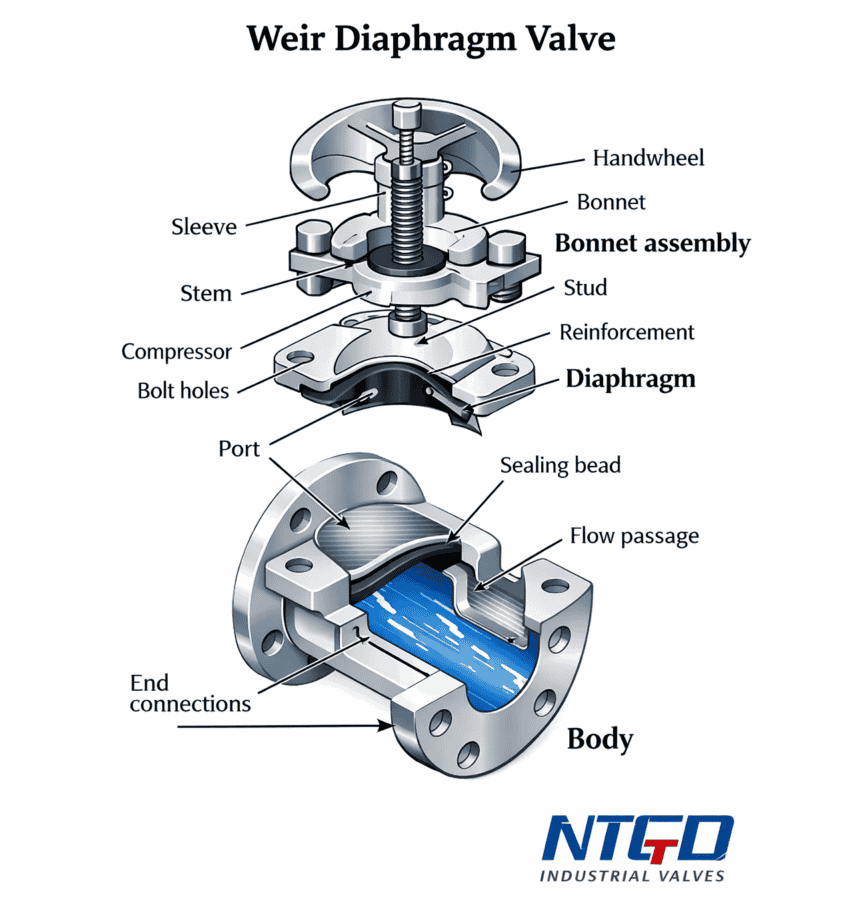 Weir diaphragm valve labeled parts exploded diagram showing body, diaphragm, bonnet, stem, compressor and flow passage