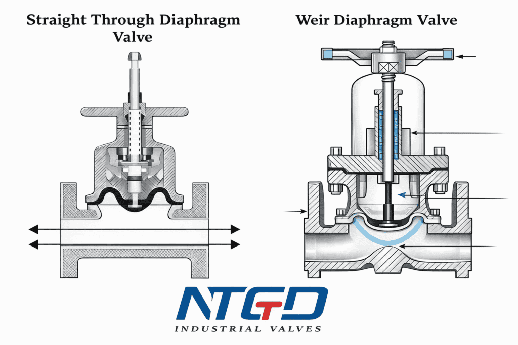 Weir vs straight-through diaphragm valve cross-section showing sealing line and flow path