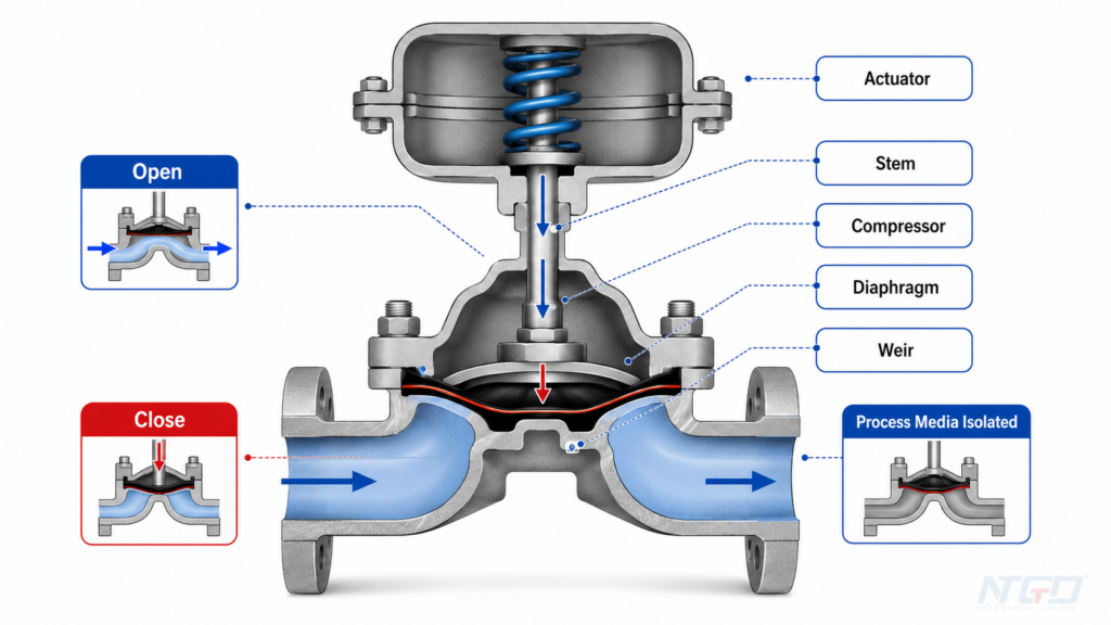 Diaphragm valve actuator stem compressor and diaphragm movement diagram
