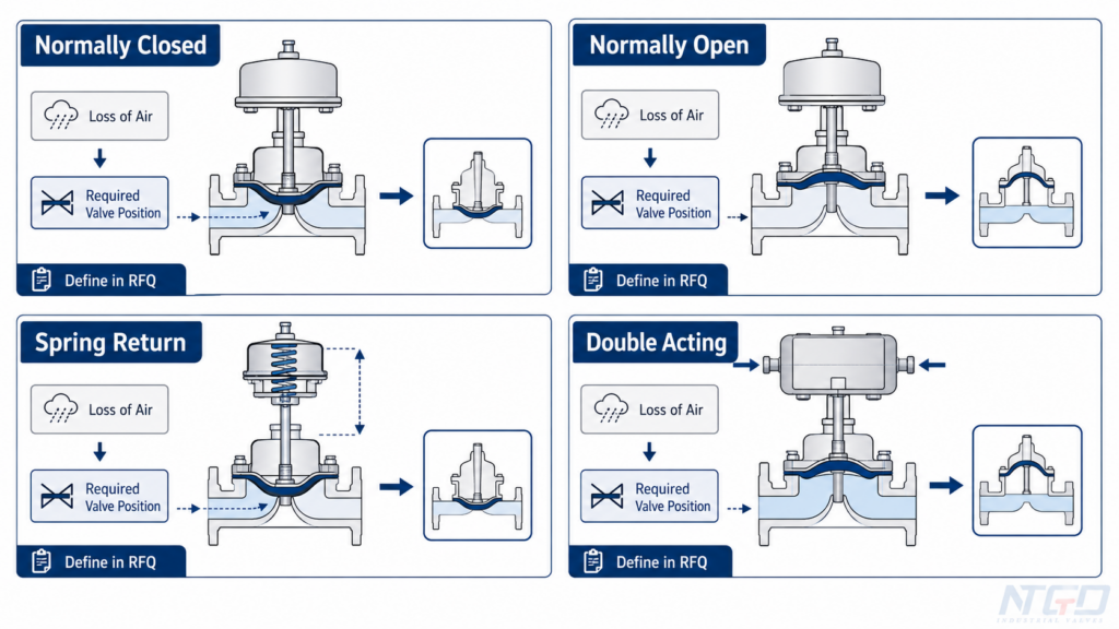 Pneumatic diaphragm valve fail-safe behavior diagram for RFQ review