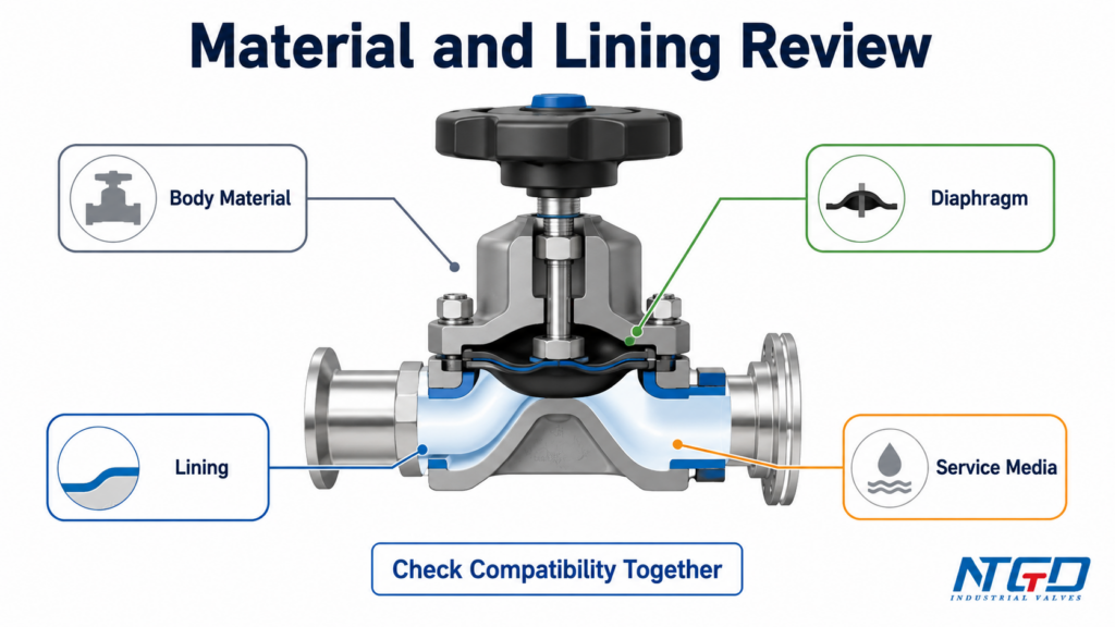 Diaphragm valve material and lining review diagram with body material, diaphragm, lining and service media