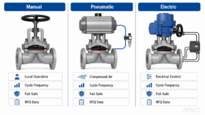 Manual, pneumatic and electric diaphragm valve actuation comparison board
