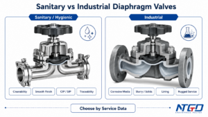 Sanitary vs industrial diaphragm valve comparison board with cleanability and rugged service factors