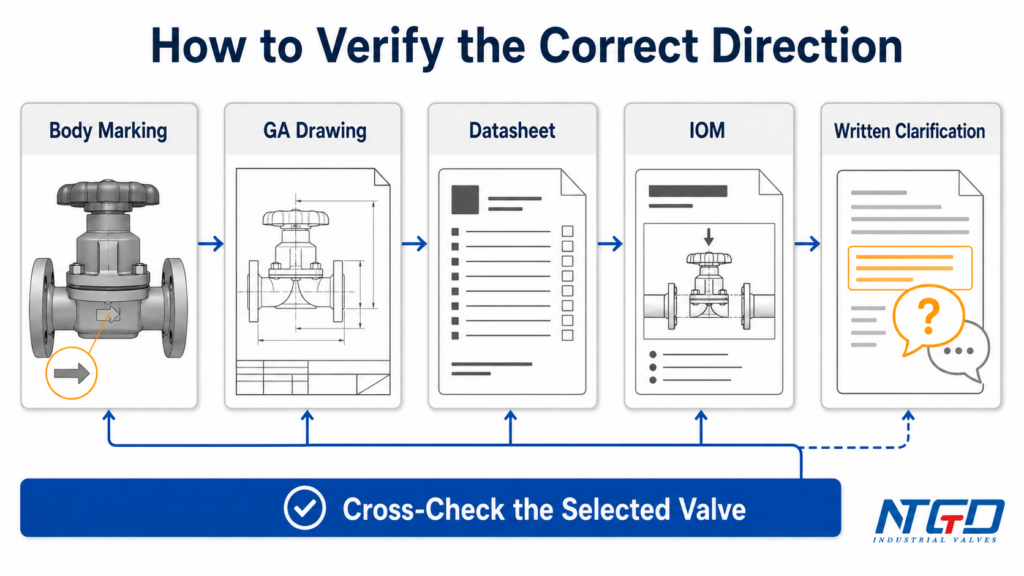 Five-step diaphragm valve direction verification using body marking, drawing, datasheet, IOM, and written clarification.
