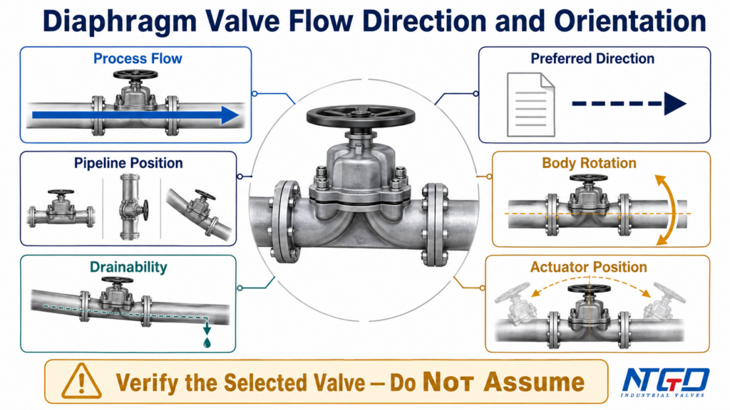 Engineering diagram separating diaphragm valve flow direction, body rotation, drainability, and actuator position.