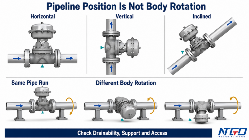 Diaphragm valve diagram comparing horizontal, vertical, and inclined pipelines with different body rotations.