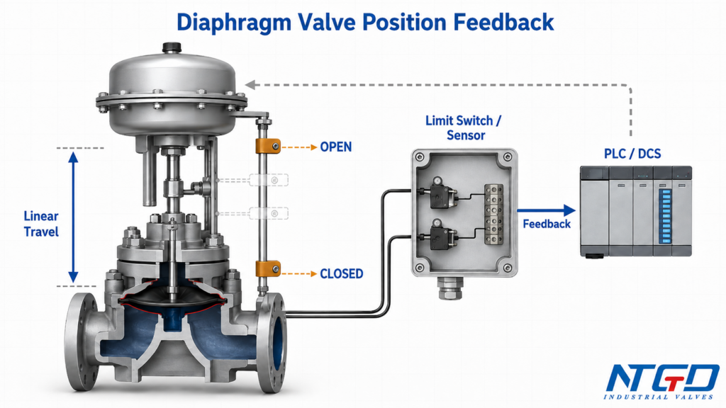 Semi-cutaway engineering diagram of diaphragm valve position feedback showing linear actuator travel, open and closed sensing points, a limit switch or sensor box, and PLC/DCS feedback path