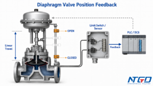 Semi-cutaway engineering diagram of diaphragm valve position feedback showing linear actuator travel, open and closed sensing points, a limit switch or sensor box, and PLC/DCS feedback path