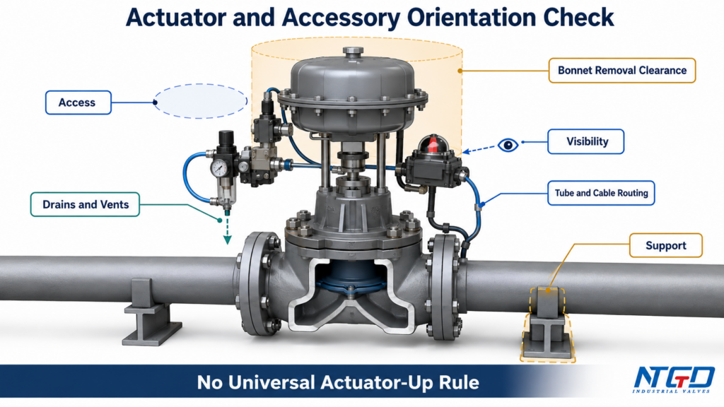 Pneumatic diaphragm valve showing access, support, vents, visibility, routing, and bonnet removal clearance.