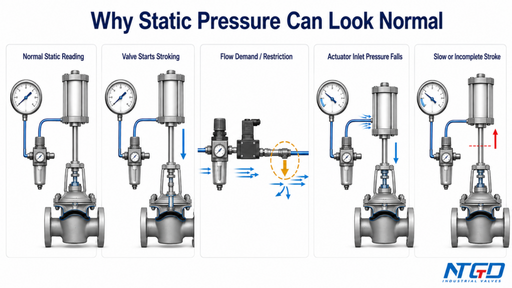 Diagram showing normal static pressure, valve stroking, pneumatic restriction, falling actuator inlet pressure and slow or incomplete diaphragm valve travel.