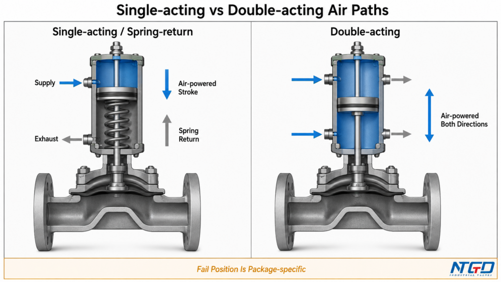 Cutaway comparison of single-acting spring-return and double-acting pneumatic diaphragm valve actuator air paths.