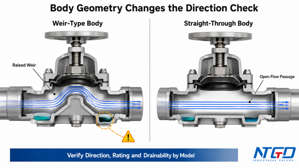 Cutaway comparison of weir-type and straight-through diaphragm valve flow paths.
